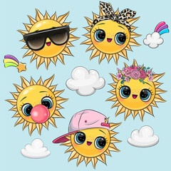 Set of Cute Cartoon Sun with big eyes