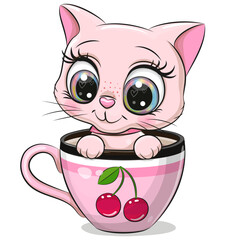 Cartoon Pink kitten is sitting in a Cup with cherry print