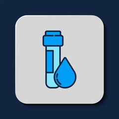 Filled outline Test tube with water drop icon isolated on blue background. Vector
