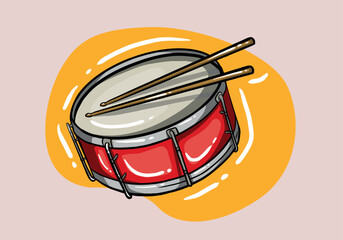 Hand Drawn Red drum and wooden drum sticks. Musical instrument. Cartoon Style percussion