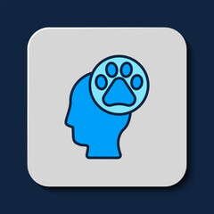Filled outline Human head with animals footprint icon isolated on blue background. Pet paw in heart. Love to the animals. Vector