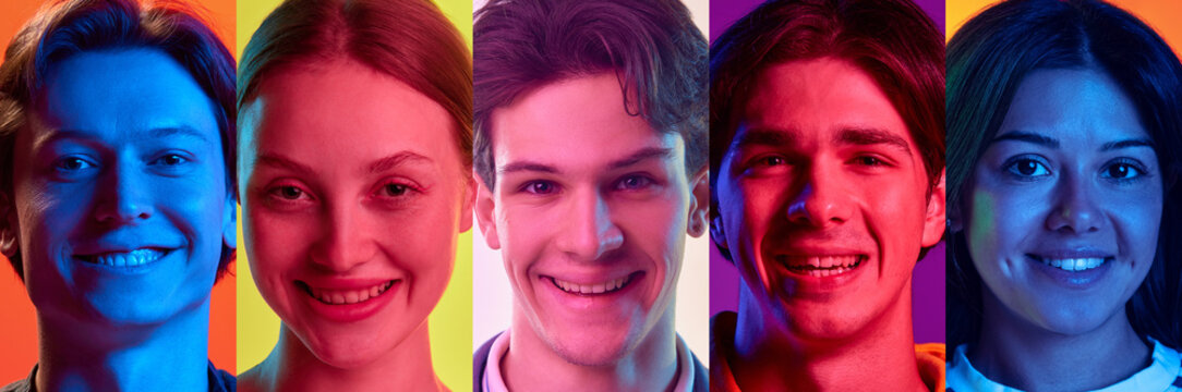 Composite image of diverse happy cheerful young people faces, male, female expressing joyful emotions and smiling over multicolor background in neon light