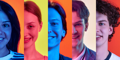 Cropped male and female smiling halves of faces, placed on narrow vertical stripes in neon lights....