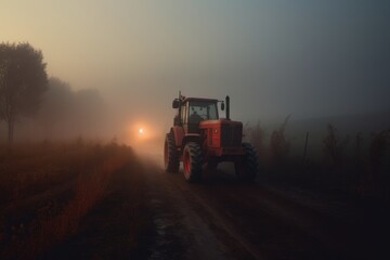 Fototapeta premium red tractor with headlights on at dawn foggy field. fog at sunrise, Generative AI