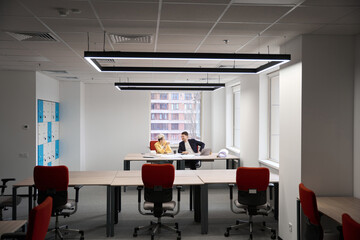 Partners are working in big comfortable office