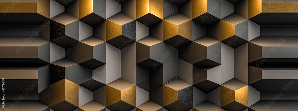 Poster abstract background 3d geometric shapes. composition with gold geometric shapes. 3d bright abstract 