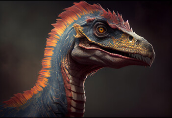 Close up of a portrait of a Dilophosaurus dinosaur. Generative AI.