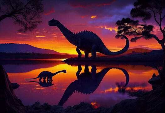 Brachiosaurus dinosaur at sunset by the lake. Generative AI.