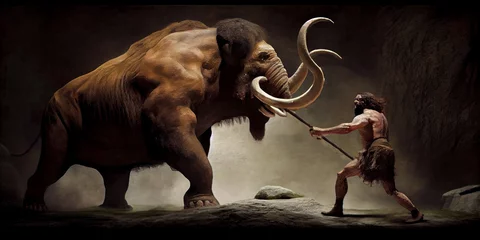 Foto op Canvas Stone age hunter hunting a wild beast. Generative AI. © Agustin