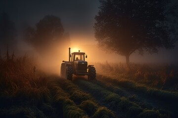 Fototapeta premium tractor rides through a country road on the field on a foggy morning, with illuminating headlights. Generative AI