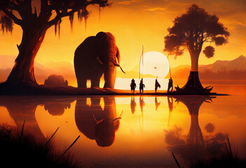 Fototapeta na wymiar Mammoth hunting scene, at sunset by a lake. Generative AI