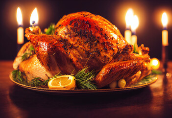Roasted turkey on a plate with candles on the table. Generative AI