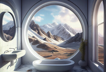 An indoor bathroom with white marble ,in the style of photorealistic landscapes. Generative AI