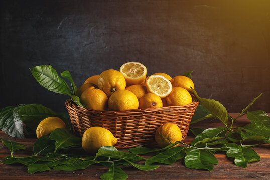 Fresh lemons in basket