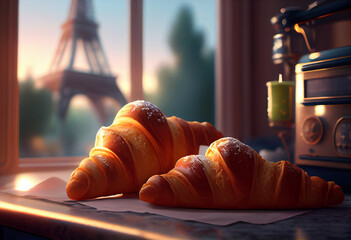 Croissants in Paris, in flare style realistic composition hyper realistic. Generative AI