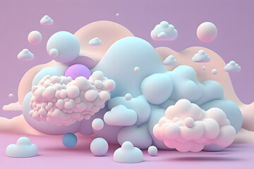 AI generated 3D illustration of pastel colored abstract irregular figures of various shapes and sizes looking like clouds against pink background