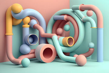 Generated AI 3D colour illustration of various types of intertwined tubes fused into an irregular figure on a blue and pink background