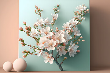 Generative AI abstract illustration of brunch of spring flowers near smooth sphere shapes against mint piece of paper and beige background
