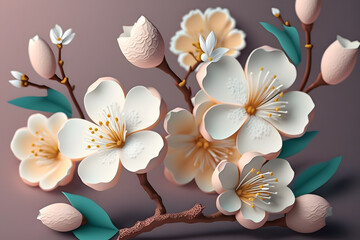 Abstract illustration generating AI of a bunch of pink and white spring flowers with soft buds on a purple background