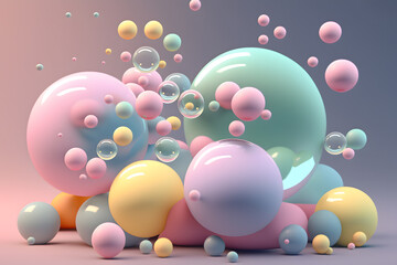 Generative AI 3D illustration of round balloons of different pastel colours and various sizes on a colorful background
