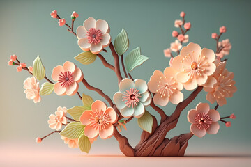 AI generated abstract illustration of a bunch of spring flowers of different colours and sizes on a green background