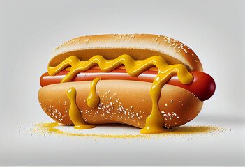 Big hotdog with mustard on white background. Generative AI