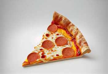 A smokey piece of pepperoni pizza. Placed on a white background. Generative AI