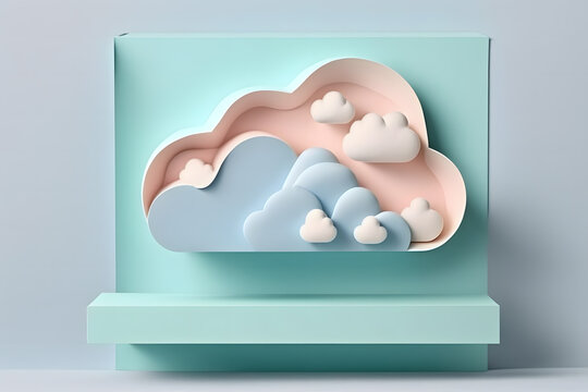 Generative AI abstract illustration of 3D geometric shapes and smooth forms of clouds in blue and pink pastel colors on green wall against gray background