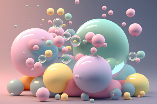 Generative AI 3D illustration of round balloons of different pastel colours and various sizes on a colorful background