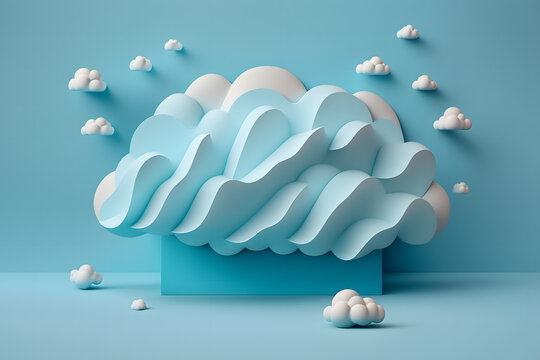 Generative AI abstract illustration of 3D geometric shapes and smooth bubble forms of clouds in blue and white pastel colors on platform against blue background