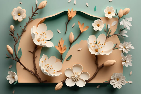 Generative AI abstract illustration of twigs of various blossoming spring flowers with buds and leaves against beige piece of paper and mint background