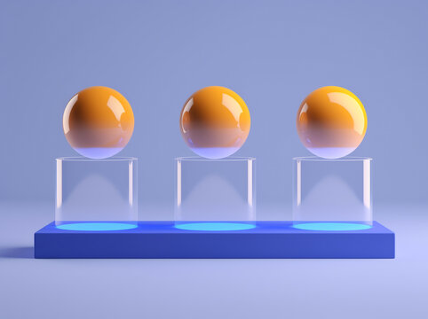 Front view of 3D abstract image of three orange balls on three transparent cylinders against a blue background