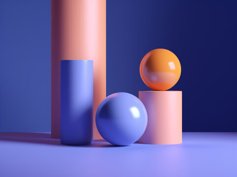 Front view of 3d image of spheres and cylinders on light blue surface against dark blue background