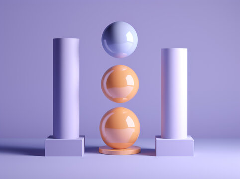 Front view of cylinders and three spheres against purple background