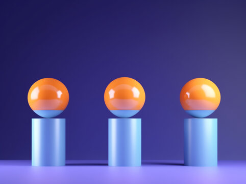 Front view of three orange balls on three cylinders against a blue background
