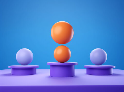 Front view of 3d rendering of an image with four balls on stands on purple surface against blue background