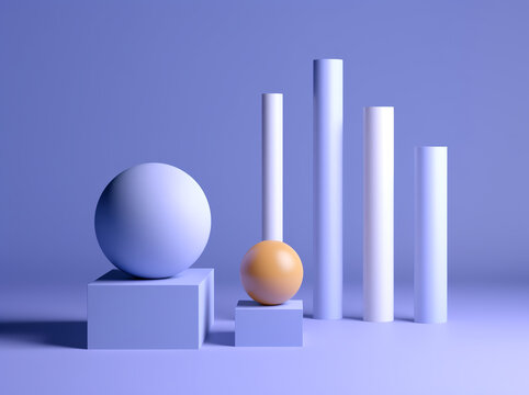 Front view of 3d abstract image of two spheres on pedestals and cylinders behind them against blue background