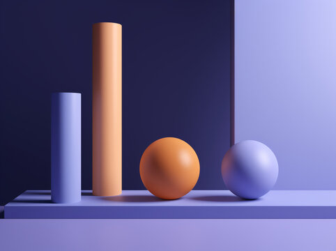 Front view of 3d image of two spheres next to two cylinders on light blue table against dark and light blue background
