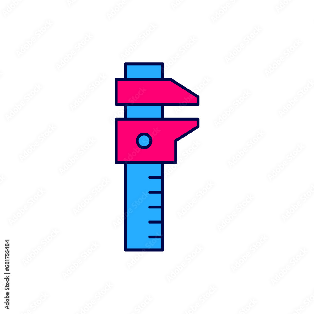 Poster filled outline calliper or caliper and scale icon isolated on white background. precision measuring 