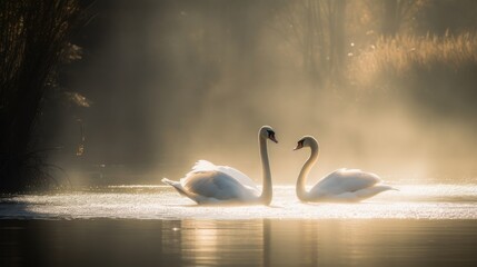 Swan couple on a lake in morning light