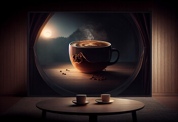 A steaming cup of hot coffee on a wooden table with dark curtains. Generative AI
