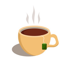 Cup of hot tea. Vector flat design, isolated on white background. 