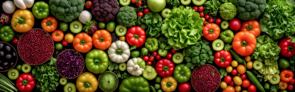 Assortment of fresh vegetables on black background. Food background with assortment of fresh organic vegetables. wide banner. Top view. Generative AI