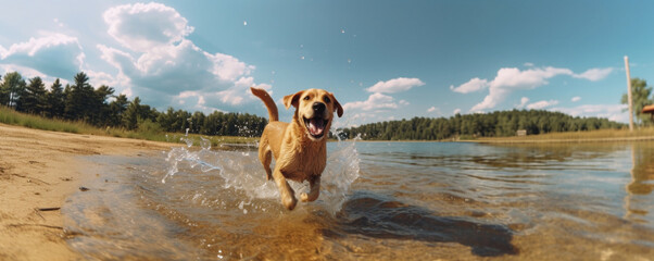 A cute dog breed running along the water along the sandy coast of the ocean at sunset, splashing water. Ai generated