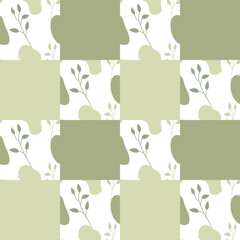 Seamless patterns. Branches of wildflowers, chess, grid. Green colors. Funny cute texture for surface design. For printing on fabric, wallpaper, paper, curtains, wrapping paper