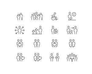 Demographics Icon collection containing 16 editable stroke icons. Perfect for logos, stats and infographics. Edit the thickness of the line in Adobe Illustrator (or any vector capable app).