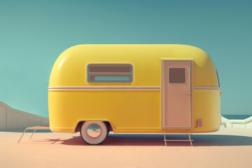 Generative AI illustration of vintage yellow van parked on sandy ground against cloudless blue sky representing concept of summer traveling