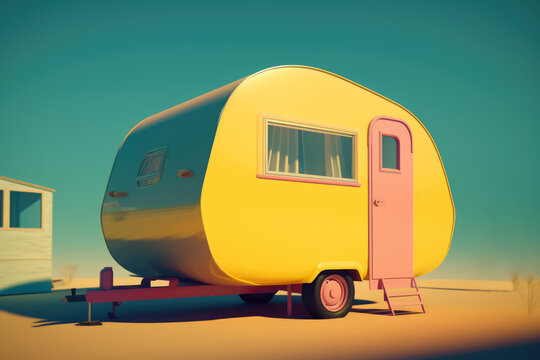 Generative AI illustration of a yellow retro pink door van parked on a sandy beach against a sunny blue sky, representing the concept of summer adventure