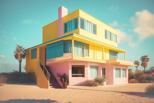 Generative AI illustration of contemporary residential house with colorful facade and windows located on sandy ground with tropical palmS