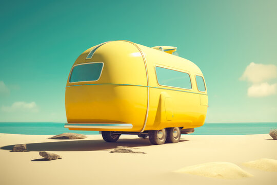 Generative AI illustration of retro yellow colored van parked on sandy beach against blue endless sea and cloudy sunny sky representing concept of summer adventure